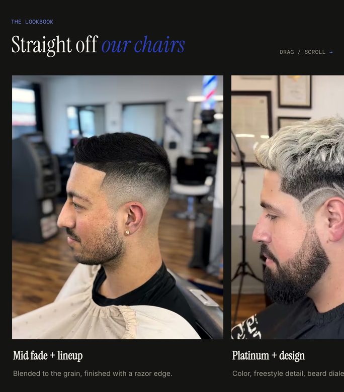 Tablet-width section of a barbershop website: the lookbook, two haircuts photographed in the chair, captioned mid fade and platinum.