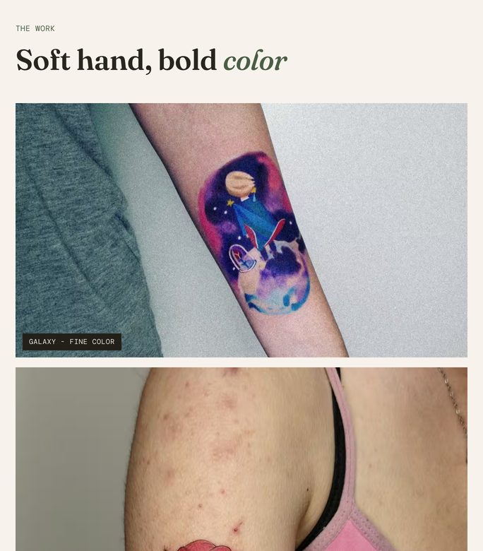 Tablet-width section of a tattoo studio website: the heading soft hand, bold color, above a galaxy tattoo photographed on the forearm.