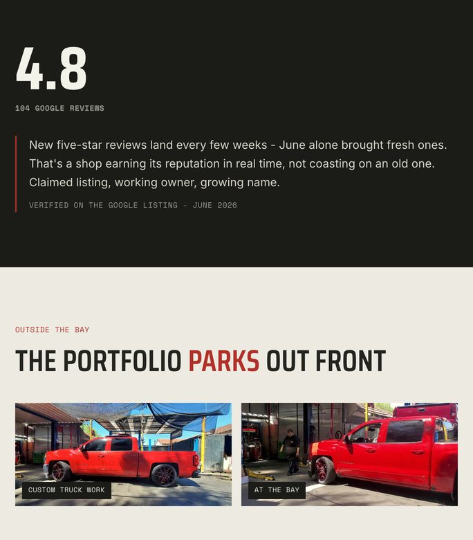 Tablet-width section of an auto repair website: the Google rating and a review on a dark panel, then the heading the portfolio parks out front above two photographs of a lowered red pickup.
