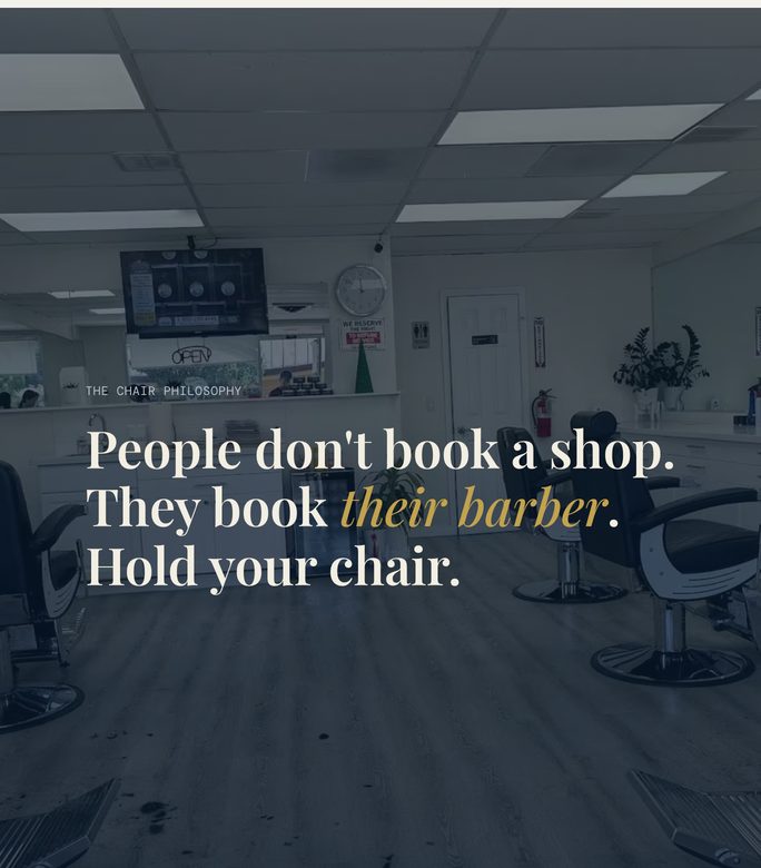 Tablet-width section of a barbershop website: a dark panel over the shop floor reading people don’t book a shop, they book their barber, hold your chair.