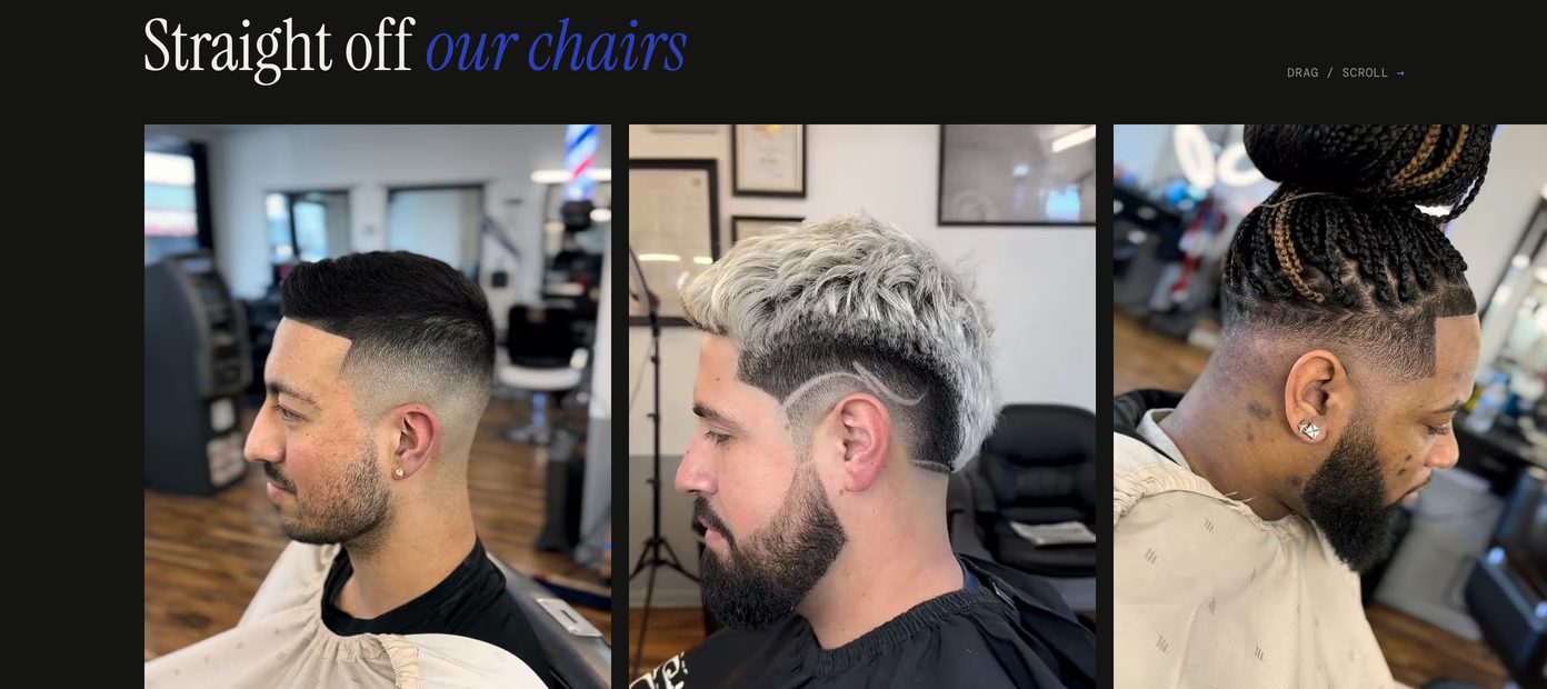 Section of a barbershop website: three haircuts photographed in the chair, under the heading straight off our chairs.