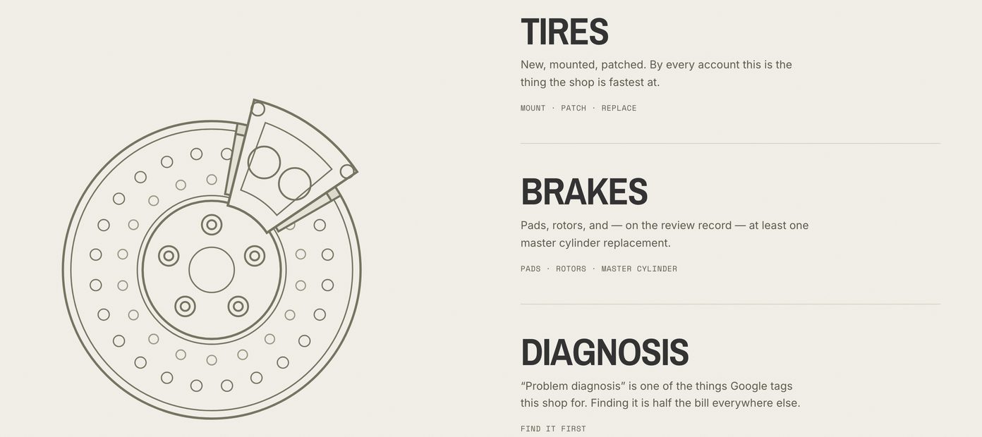 Section of an auto repair website: a drawn front disc brake beside the list of services, tires, brakes, diagnosis and general repair.