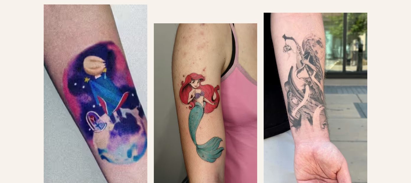 Section of a tattoo studio website: three colour tattoos photographed on the arm, a galaxy piece, a mermaid and fine line work.
