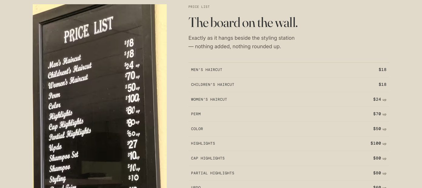 Section of a hair salon website: a photograph of the handwritten price board beside the same prices set in type.