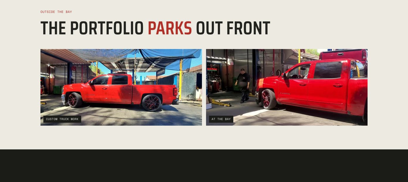 Section of an auto repair website: a lowered red pickup and the bay, under the heading the portfolio parks out front.