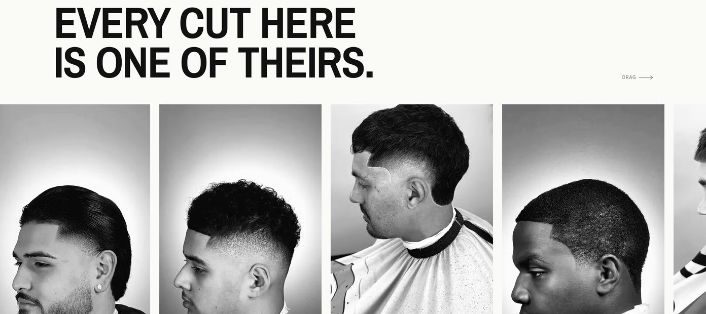 Section of a barbershop website: five fades photographed in the shop, black and white, under the heading every cut here is one of theirs.