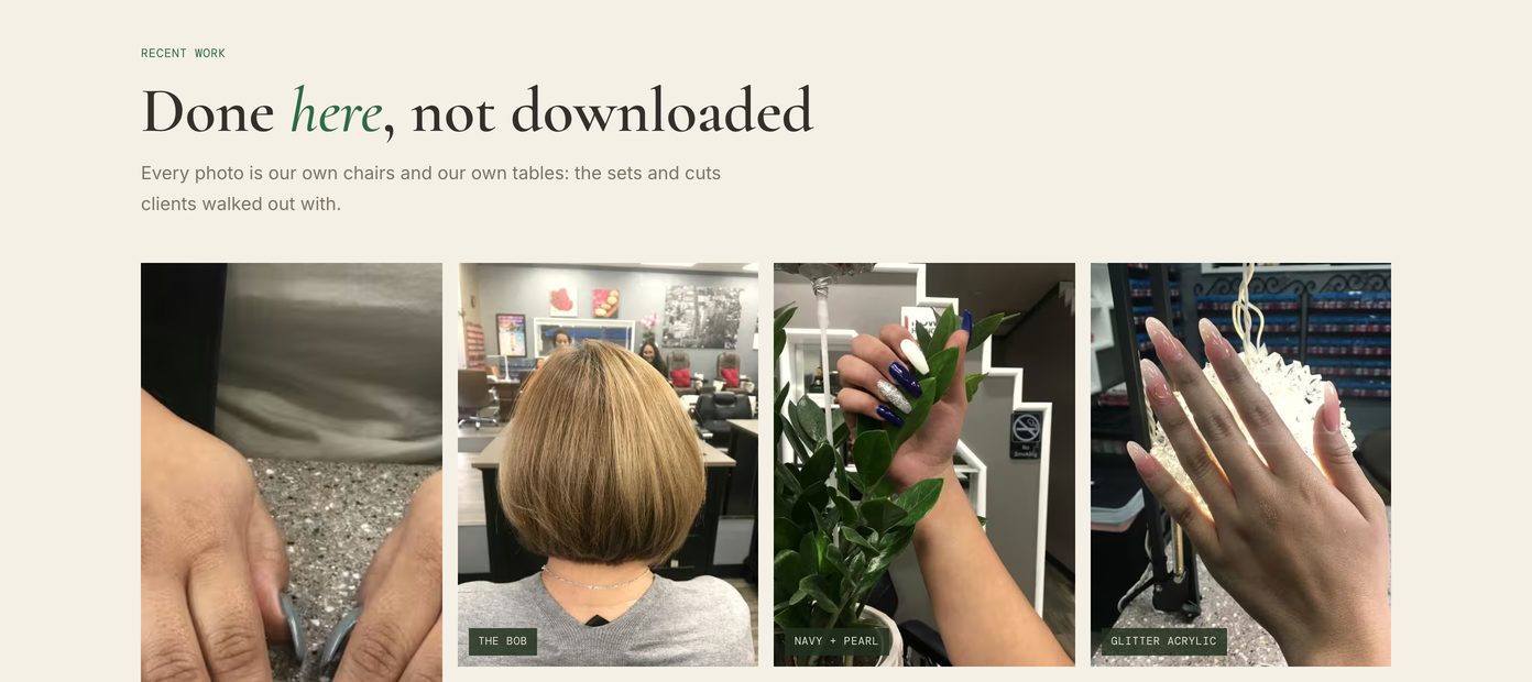 Section of a hair and nail salon website: four photographs of sets and cuts under the heading done here, not downloaded.