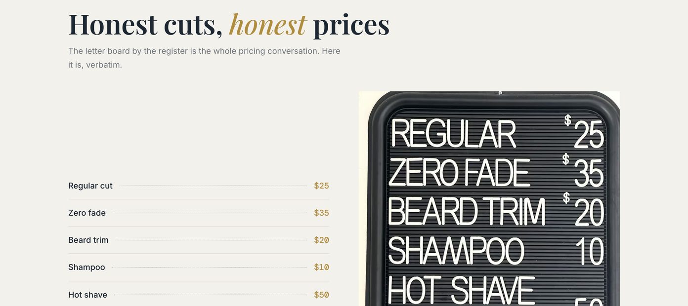 Section of a barbershop website: the price list set in type beside a photograph of the shop’s letter board.