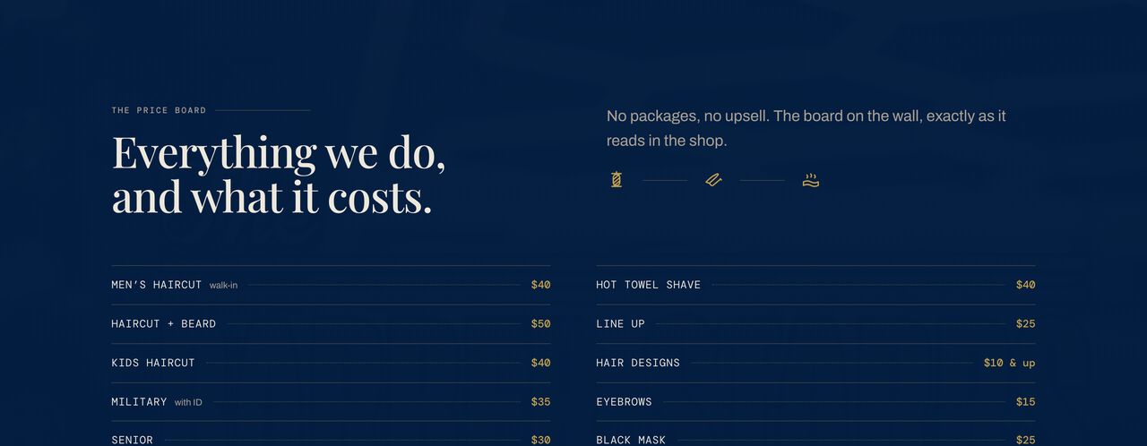 Section of a barbershop website build: the price board, set in serif and mono type on navy.
