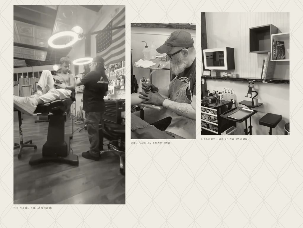 Section of a tattoo studio website build: black and white photographs of the room, the machine and a station.