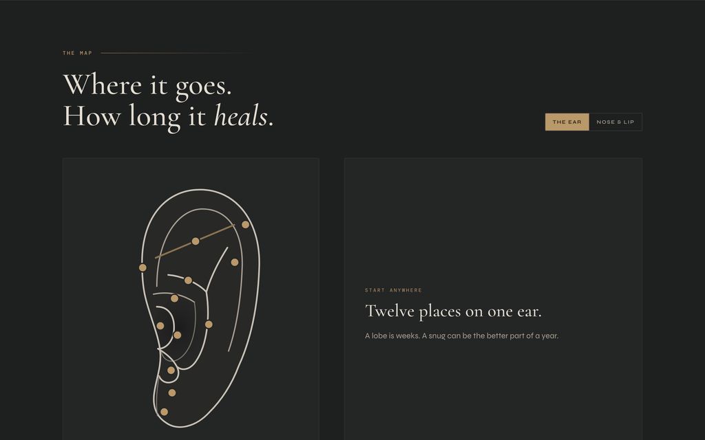 Section of a piercing and tattoo studio website build: a hand-drawn ear diagram with placements and healing times.