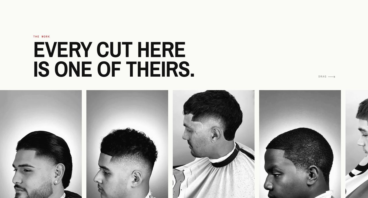 Section of a barbershop website build: a row of the shop's own haircuts, black and white.