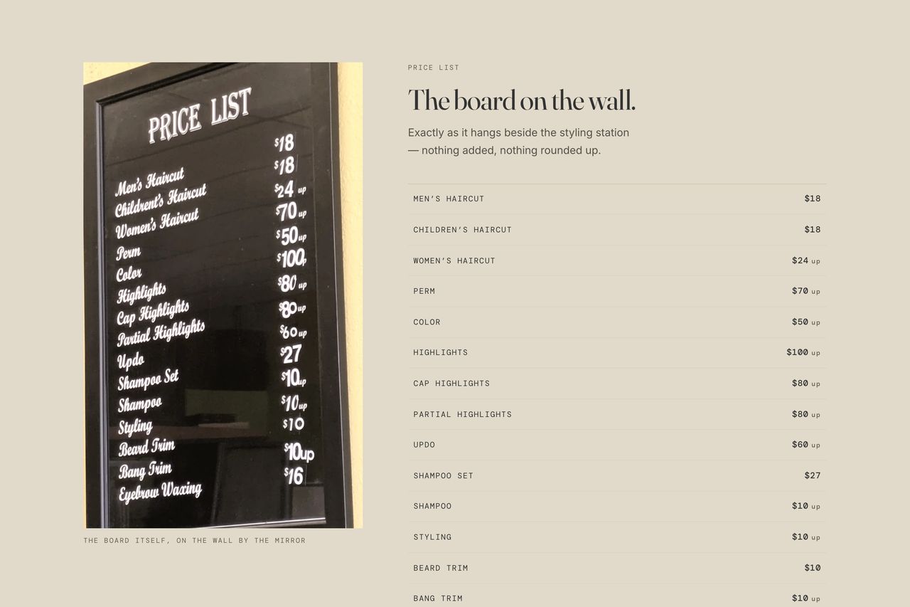 Section of a hair salon website build: the price board as it hangs in the salon, beside the same prices set in type.