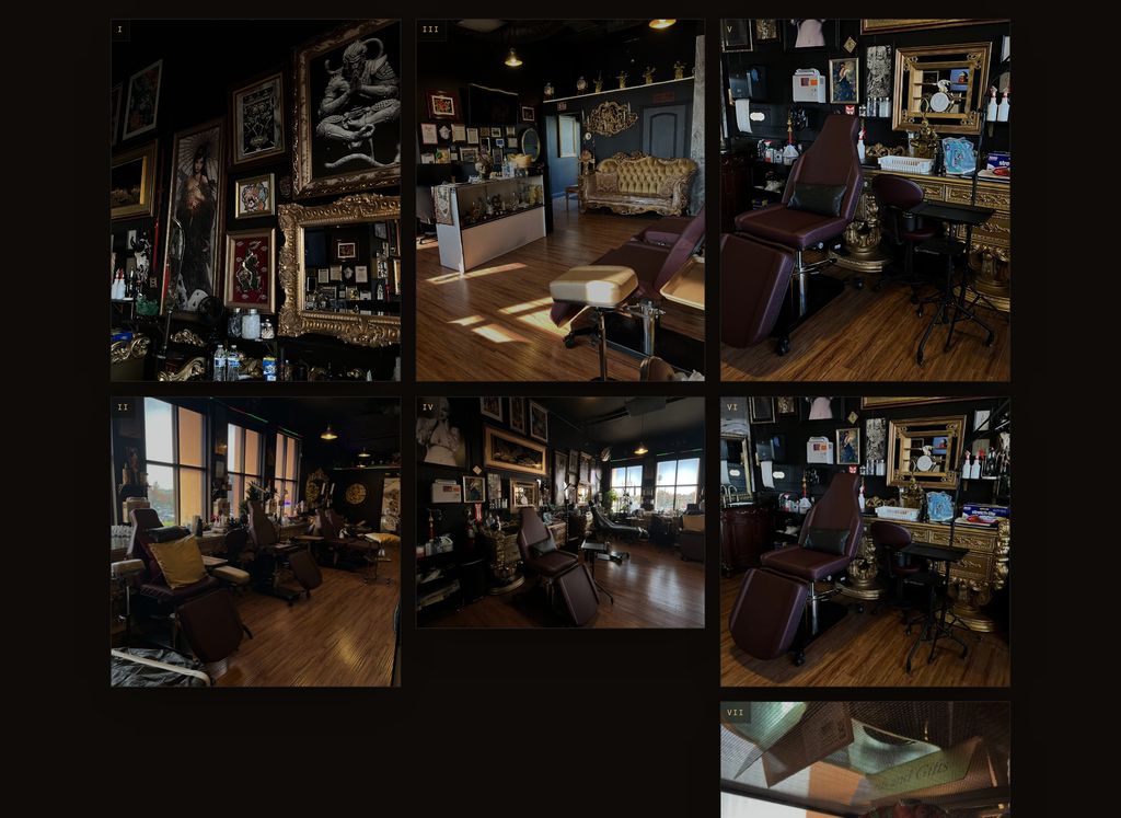 Section of a tattoo studio website build: a photo grid of the studio's gilded, gallery-like room.