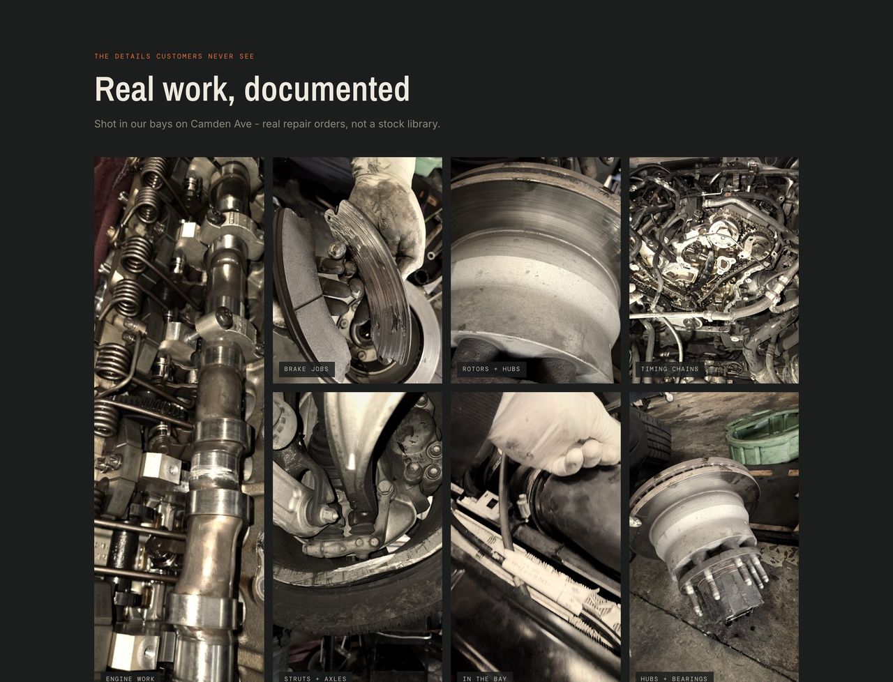 Section of an auto repair website build: photos of real repair orders in the bays, on a dark ground.