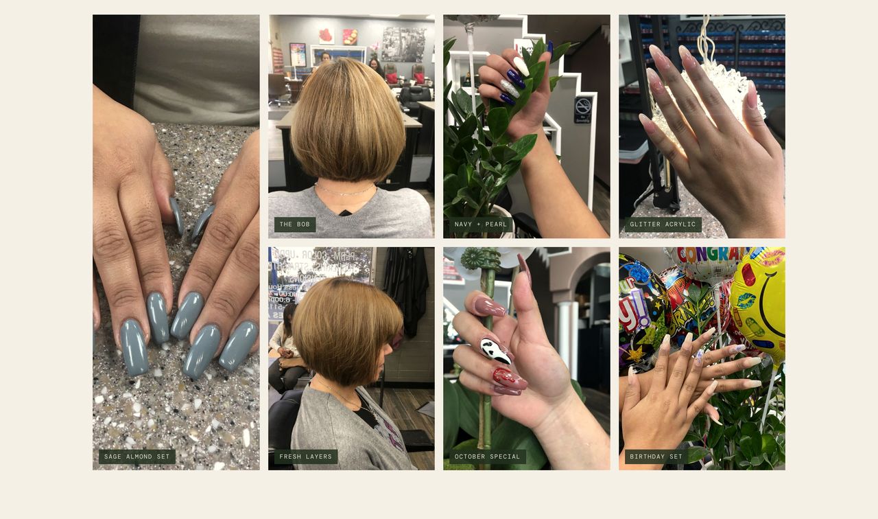 Section of a hair and nail salon website build: a grid of the salon's own sets and cuts.