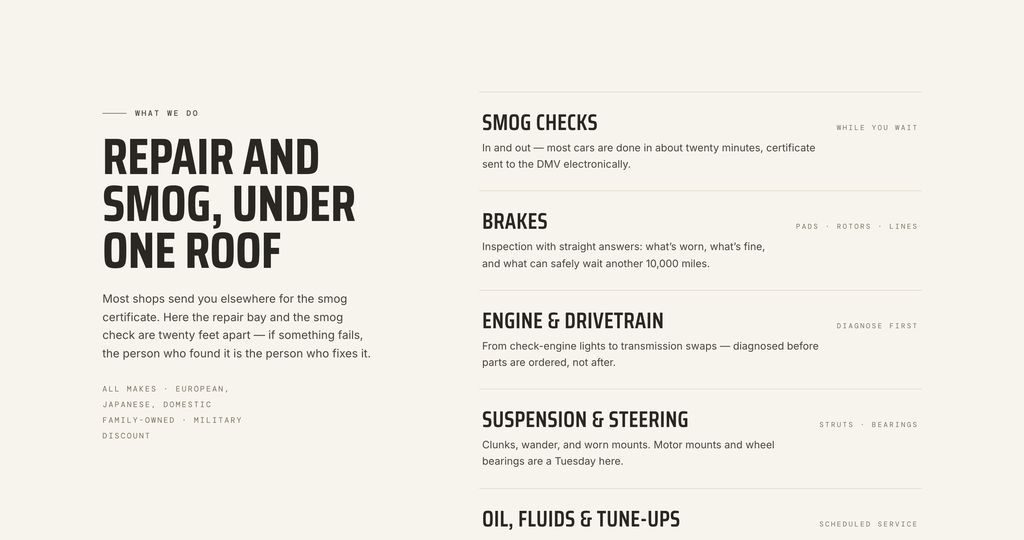 Section of an auto repair website build: the services list in condensed type with mono notes.