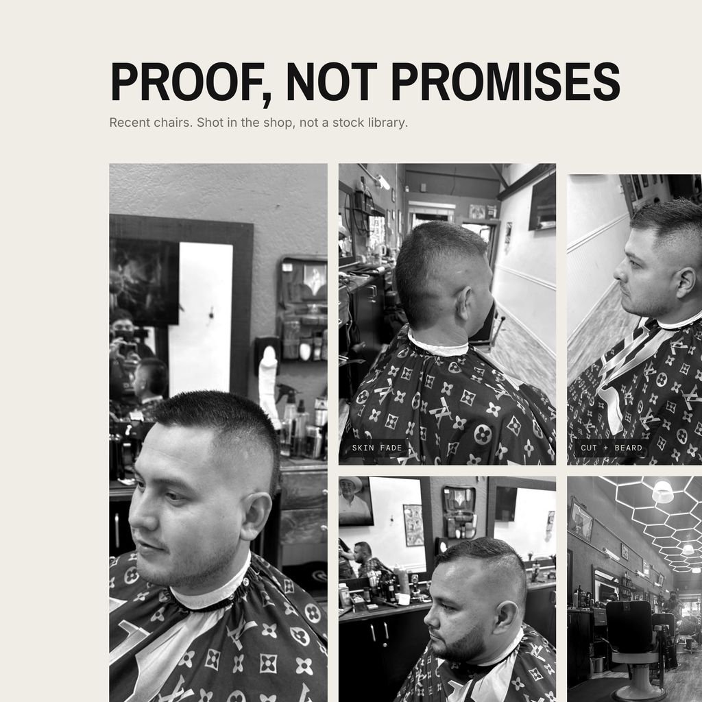 Section of a barbershop website build: recent chairs, shot in the shop, black and white.